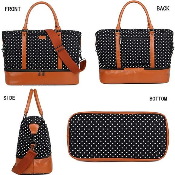 Leather Large Travel Duffel Tote Bag Carry On With Shoe Compartment (Black) - Picture 2 of 14